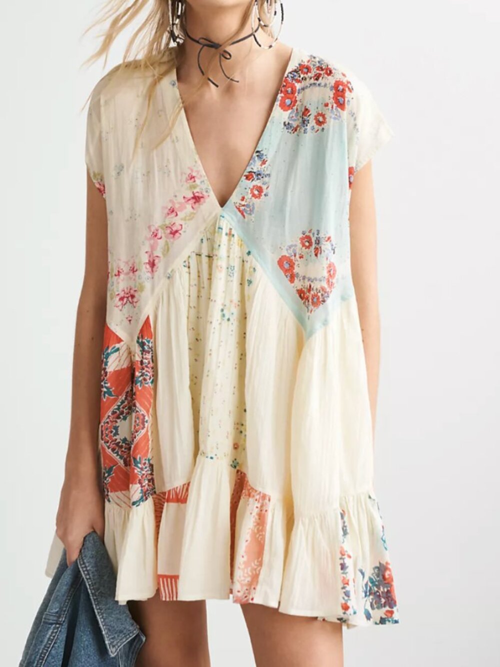 Free People Mended With Scarves Mini Dress XL Patchwork Pockets V-Neck Lined